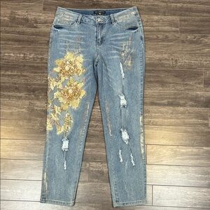 Juliette Women’s 6 Embroidered Sequin Floral‎ Distressed Jeans Pearl Applique